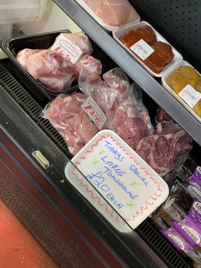 Lamb and pork on the counter