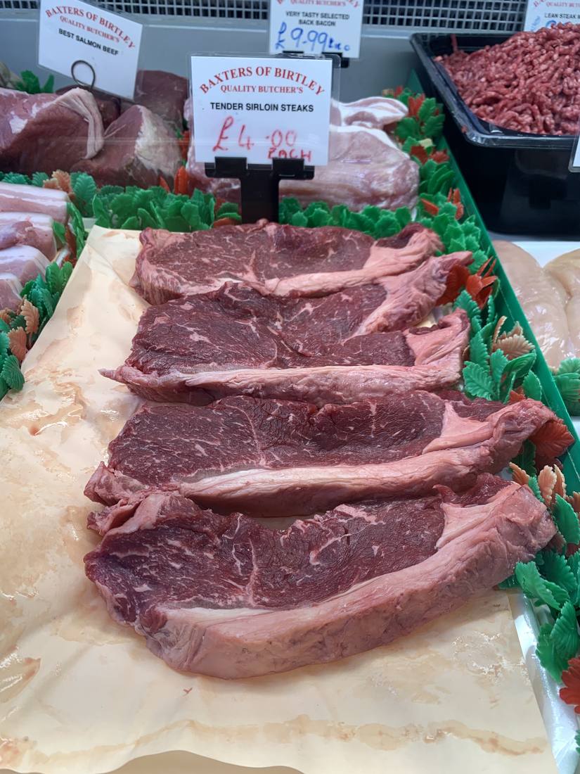 Tender sirloin steaks on the counter at Martin Baxter's